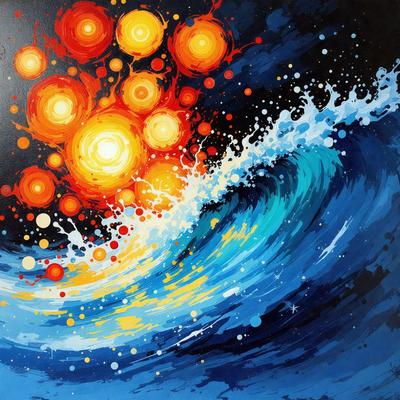 The primary subject of the image is a large wave with a blue and yellow color scheme. The wave is surrounded by a black background, giving it a dramatic and intense appearance. The visual style of the image is a painting, which adds to the artistic and dynamic nature of the scene. The dominant colors in the painting are blue and yellow, creating a sense of energy and movement.